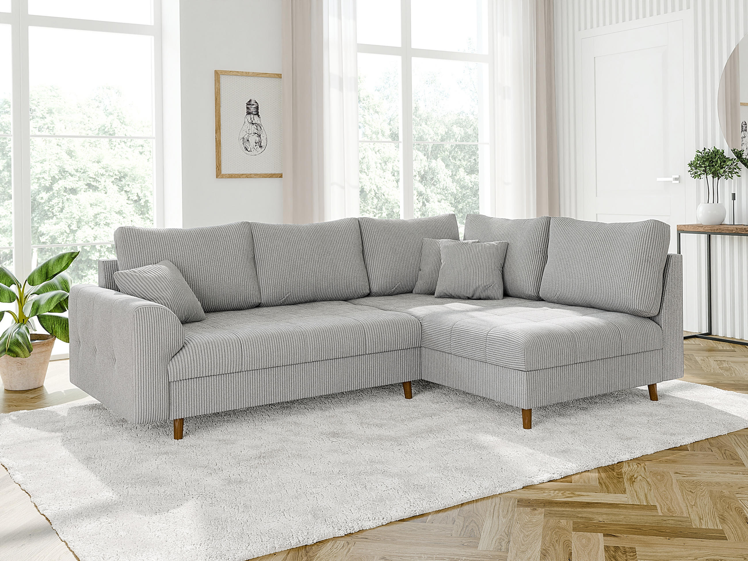 ECKSOFA Alma Hellgrau Cord - Ottomane rechts - Hellgrau/Braun, Holz/Textil (231/161cm) - S-Style Möbel