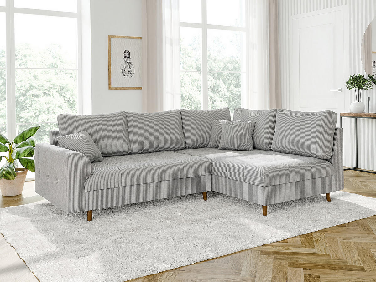 ECKSOFA inkl. Hocker Alma Hellgrau Cord - Ottomane rechts - Hellgrau/Braun, Holz/Textil (231/161cm) - S-Style Möbel