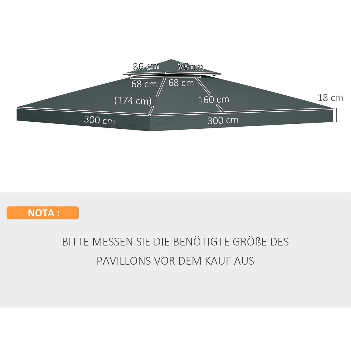 ERSATZDACH für Pavillon 3 x 3 m wasserdicht Pavillondach mit Doppeldach Ablauflöcher, Ersatzbezug Ersatzteile für Gartenpavillon Gartenzelt Kohlegrau - Graphitfarben, Textil (300/18/300cm)