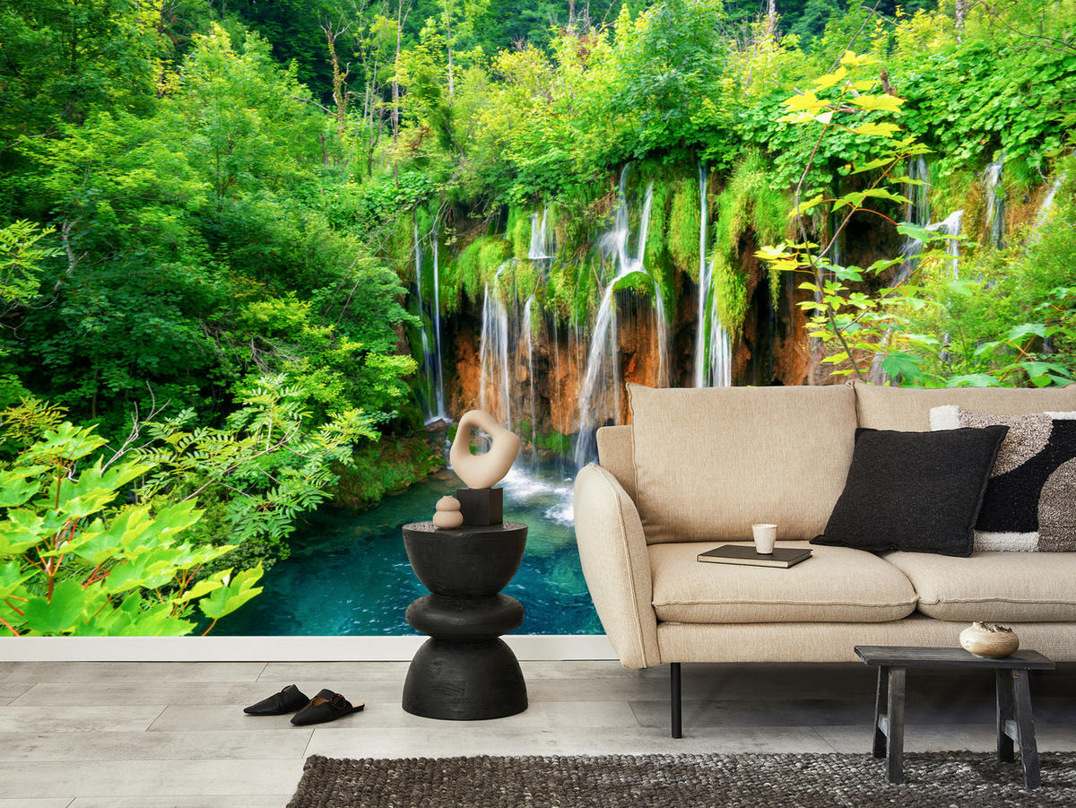 FOTOTAPETE für Esszimmer Exotischer Wasserfall Dschungelwald 350x256 - Türkis/Braun, Papier (350/256cm) - Muralo