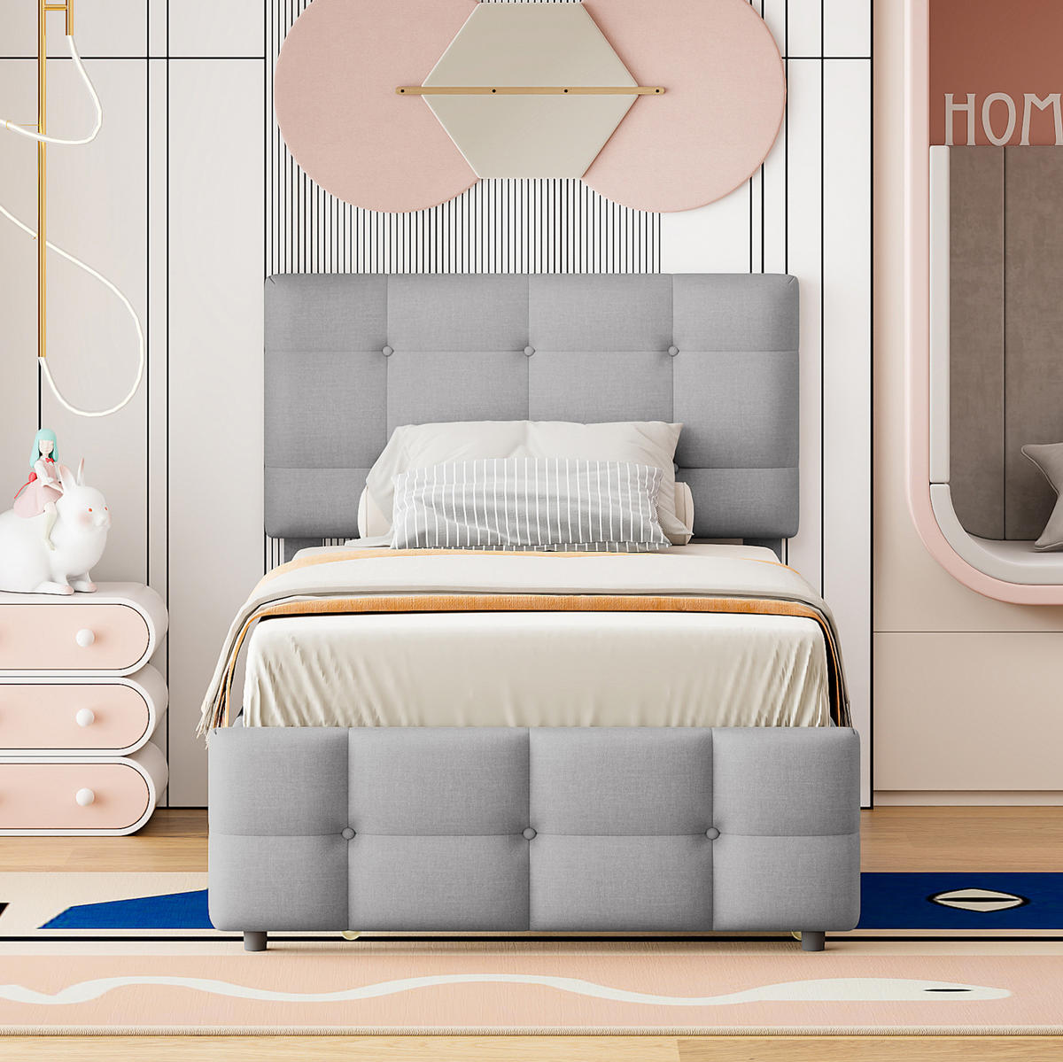 ČALÚNENÁ posteľ z MDF, kovu a ľanovej tkaniny 90x200 cm sivá s výsuvným lôžkom a nastaviteľným čelom - sivá, textil (90/200cm) - Modfu