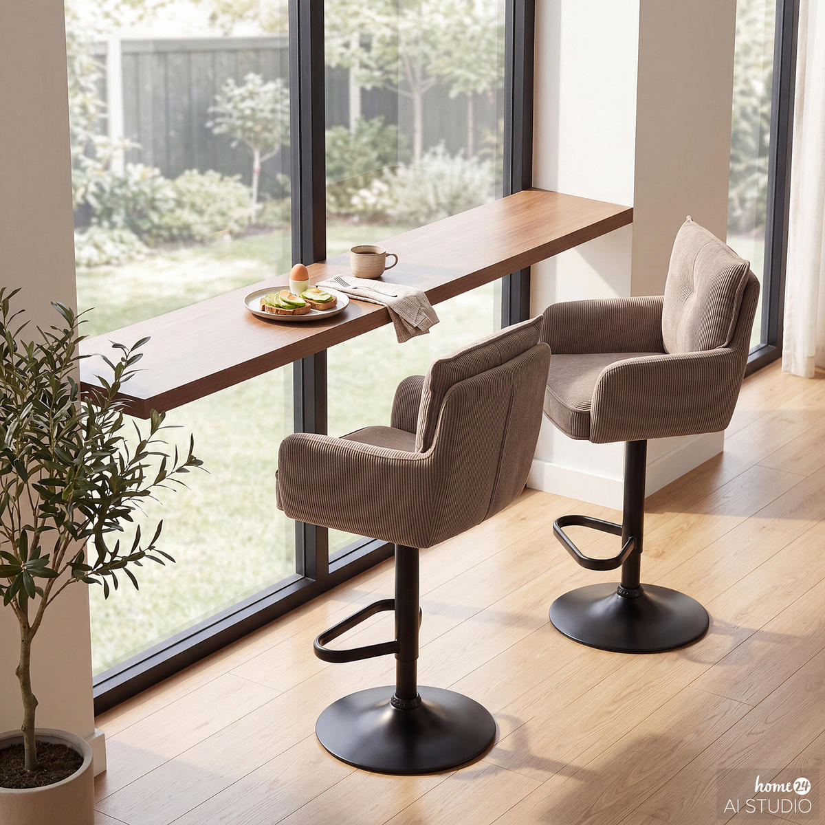 BARSTUHL - 2er-Set - Höhenverstellbar - Cord / Eisen - Braun, Textil/Metall (54/98/58cm) - home24
