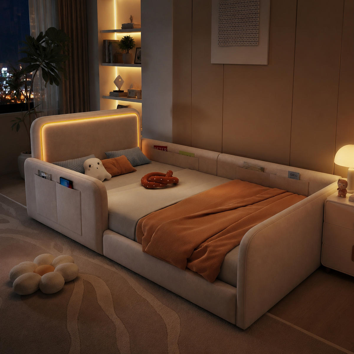 BETT 90/200 cm in Beige mit LED, Aufbewahrungstaschen, Samt und gepolstertem Design - Beige, Holzwerkstoff/Textil - STILVORA