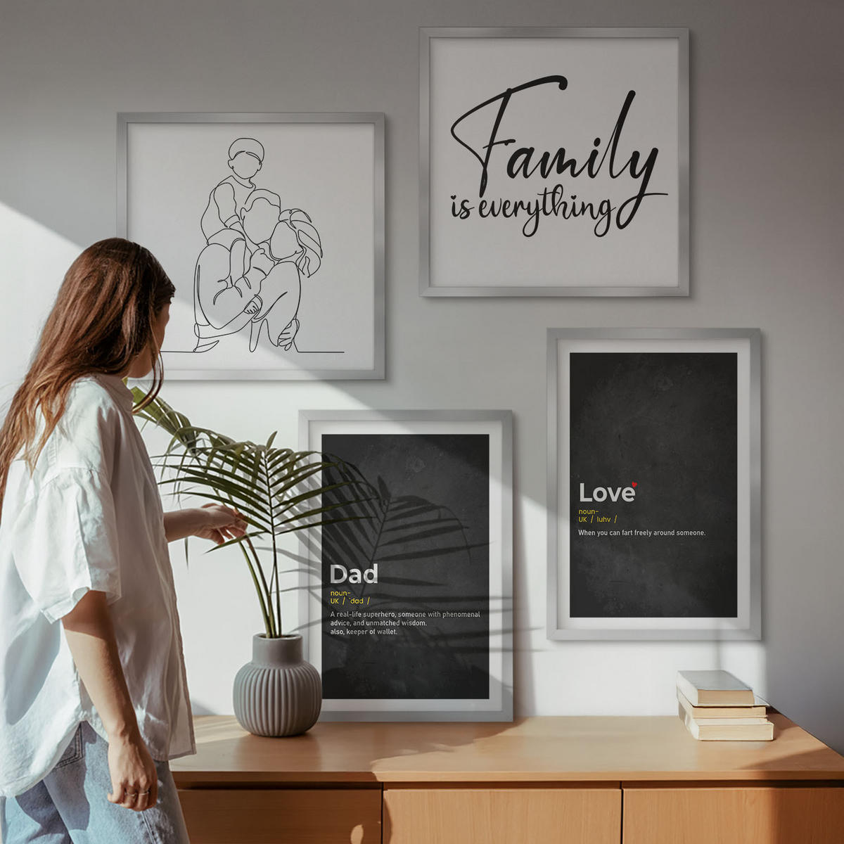 BILDER SET 4er Set - 50x50 cm & 40x60 cm Silberner Rahmen - Definitionen der Liebe in Familienzeichnungen - Silberfarben, Kunststoff (50/50cm) - TULUP