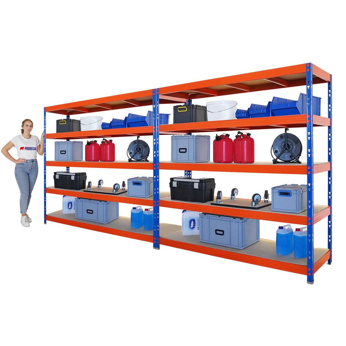 SCHWERLASTREGAL Rhino 2er-Set 200x200x60 cm 5 Spanplatten-Ebenen 8mm Fachlast 500 kg Blau/Orange - Blau/Orange, Metall (400/200/60cm) - PROREGAL