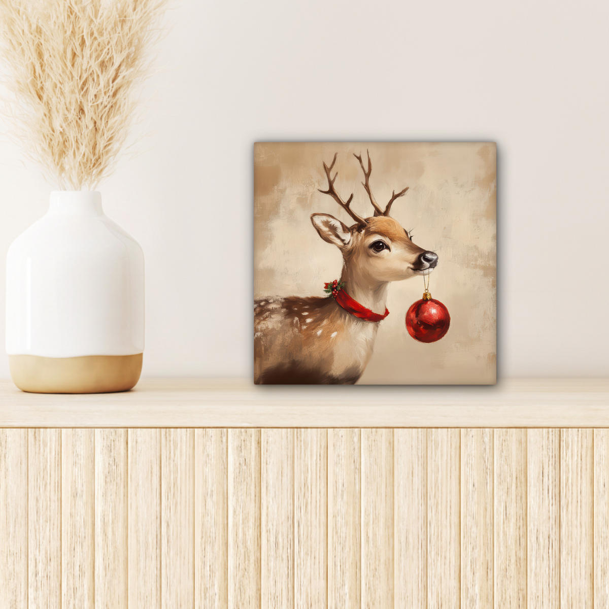 LEINWANDBILD Weihnachten - Hirsch - Geweih - Weihnachtskugel - Rentier 20x20 cm - Hellbraun, Textil (20/20cm) - MuchoWow