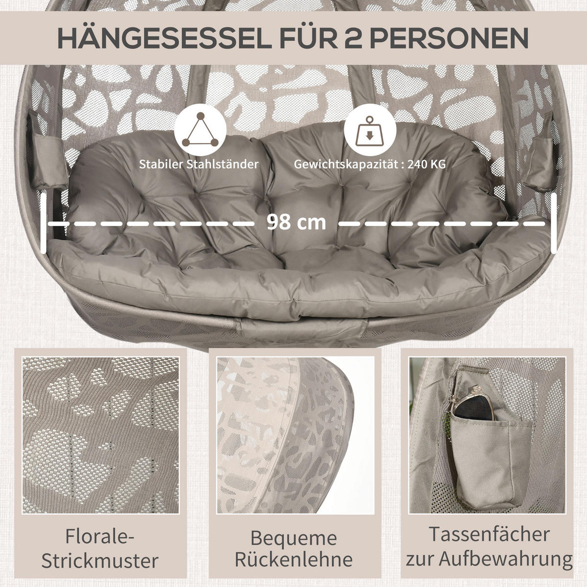 HÄNGESESSEL, Stahl, Polyester, Sand - Sandfarben, Kunststoff/Metall (103/172/130cm) - Outsunny