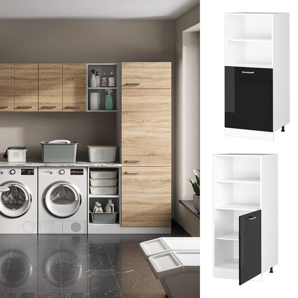 Thumbnail - Vicco Hochschrank, Schwarz Hochglanz, Holzwerkstoff, 4 Fächer, Rechteckig, 60x143x57.2 cm, Waschküche, Mehrzweckschränke