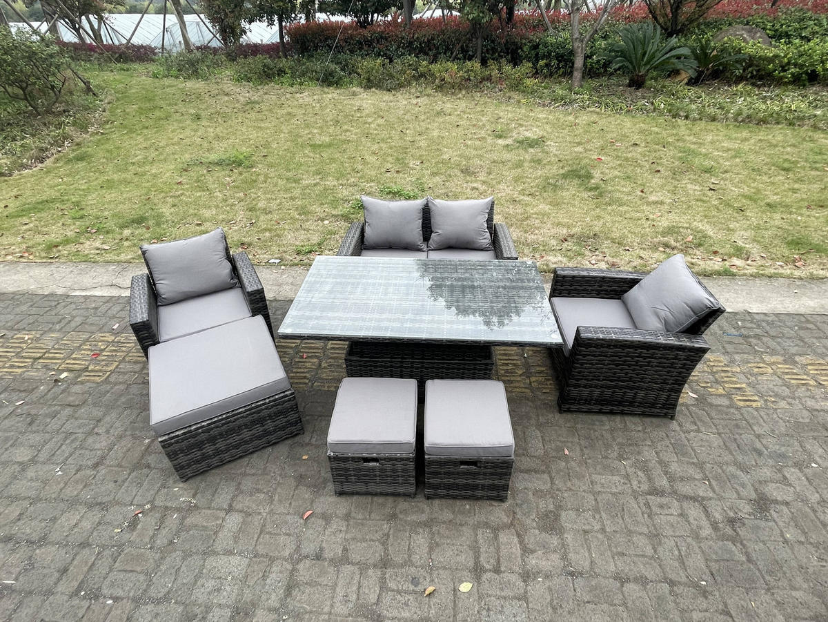 GARTENTISCHGRUPPE Polyrattan 7-Sitzer - Dunkelgrau, Metall - Fimous