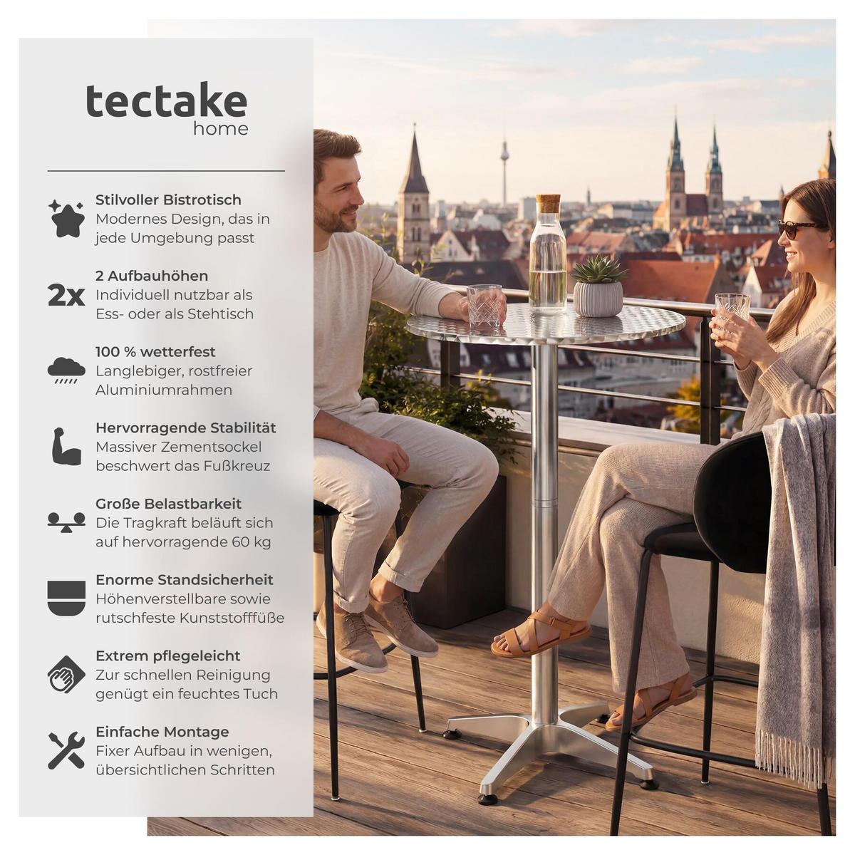 BISTROTISCH aus Aluminium Frederic, höhenverstellbare Kunststofffüße, silber - Silberfarben, Holz (67/67/110cm) - tectake