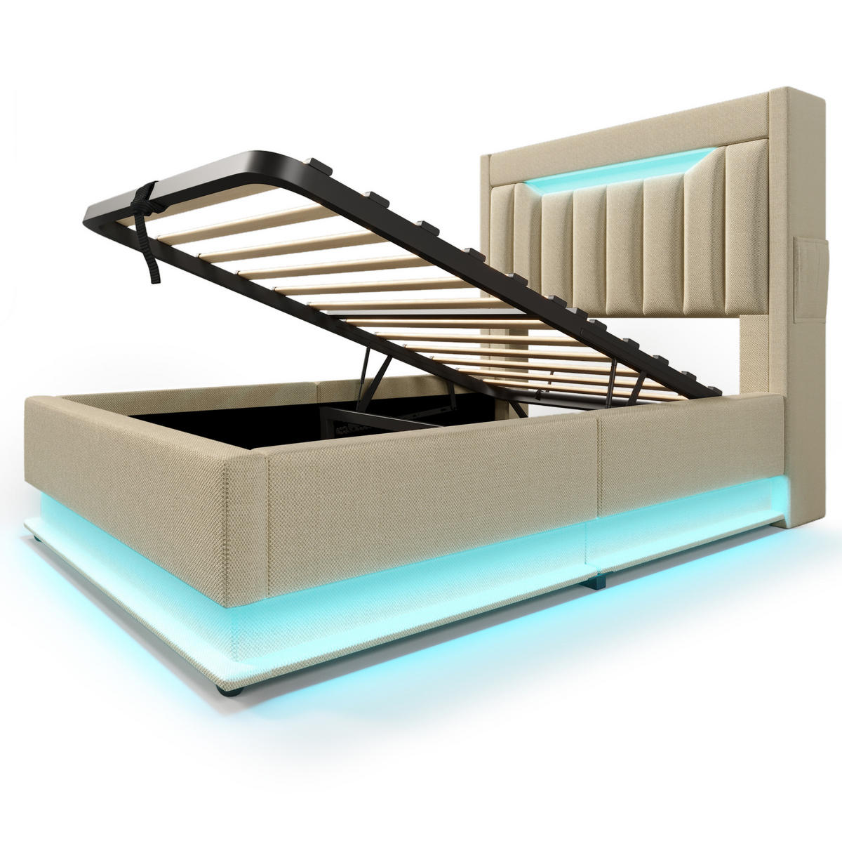 BETT mit Stauraum und LED 90x200 cm Leinen Beige - Beige, Metall (90/200cm) - Beauniv