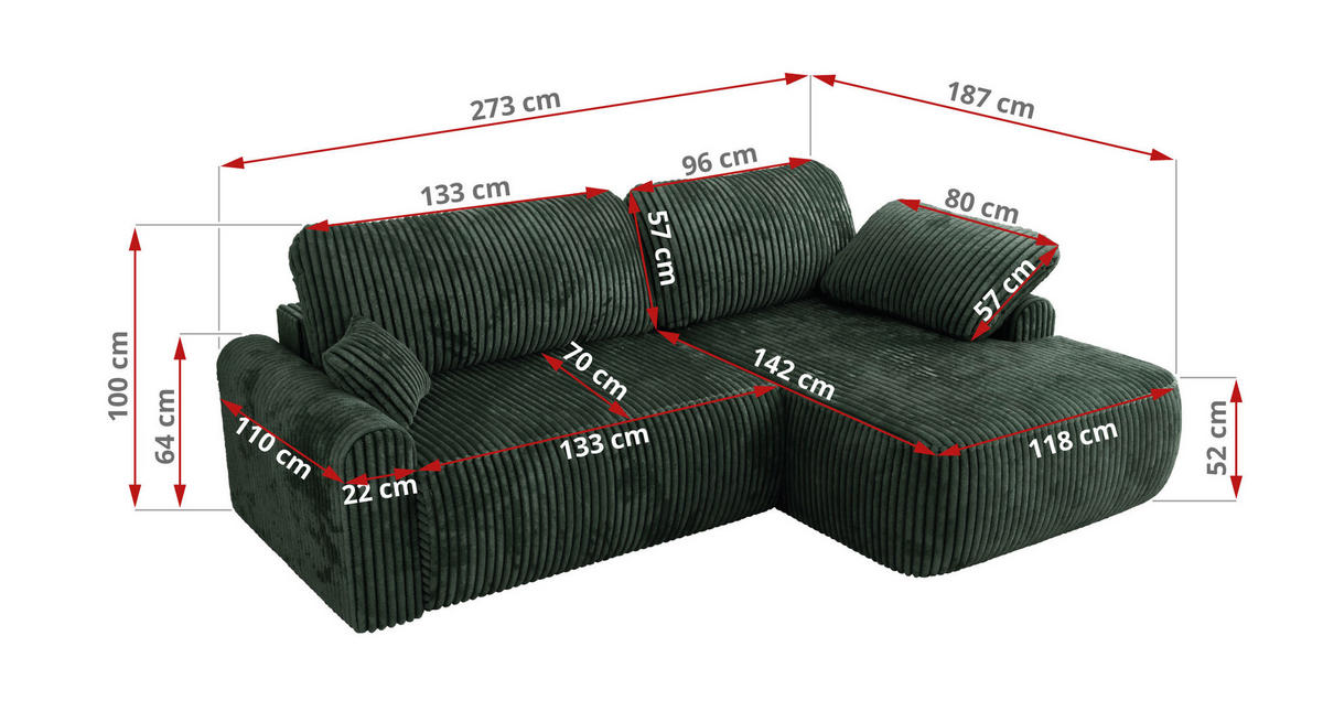 ECKSCHLAFSOFA CUBO L Grün Cord - rechts - Schwarz/Grün, Kunststoff/Textil (187/273cm) - MKS