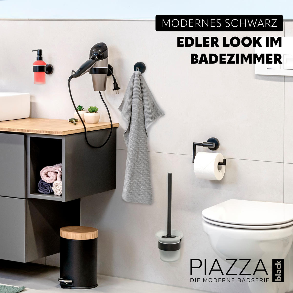 BADEZIMMER-ZUBEHÖR-SET PIAZZA BLACK 5tlg, Edelstahl, schwarz - Chromfarben, Metall (14.5/35/11.5cm) - bremermann