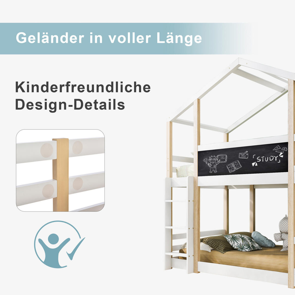 ETAGENBETT 90/200 cm mit Rutsche, Leiter, Tafel und Dachform aus Massivholz, Weiß - Weiß, Holz (90/90cm) - Redom