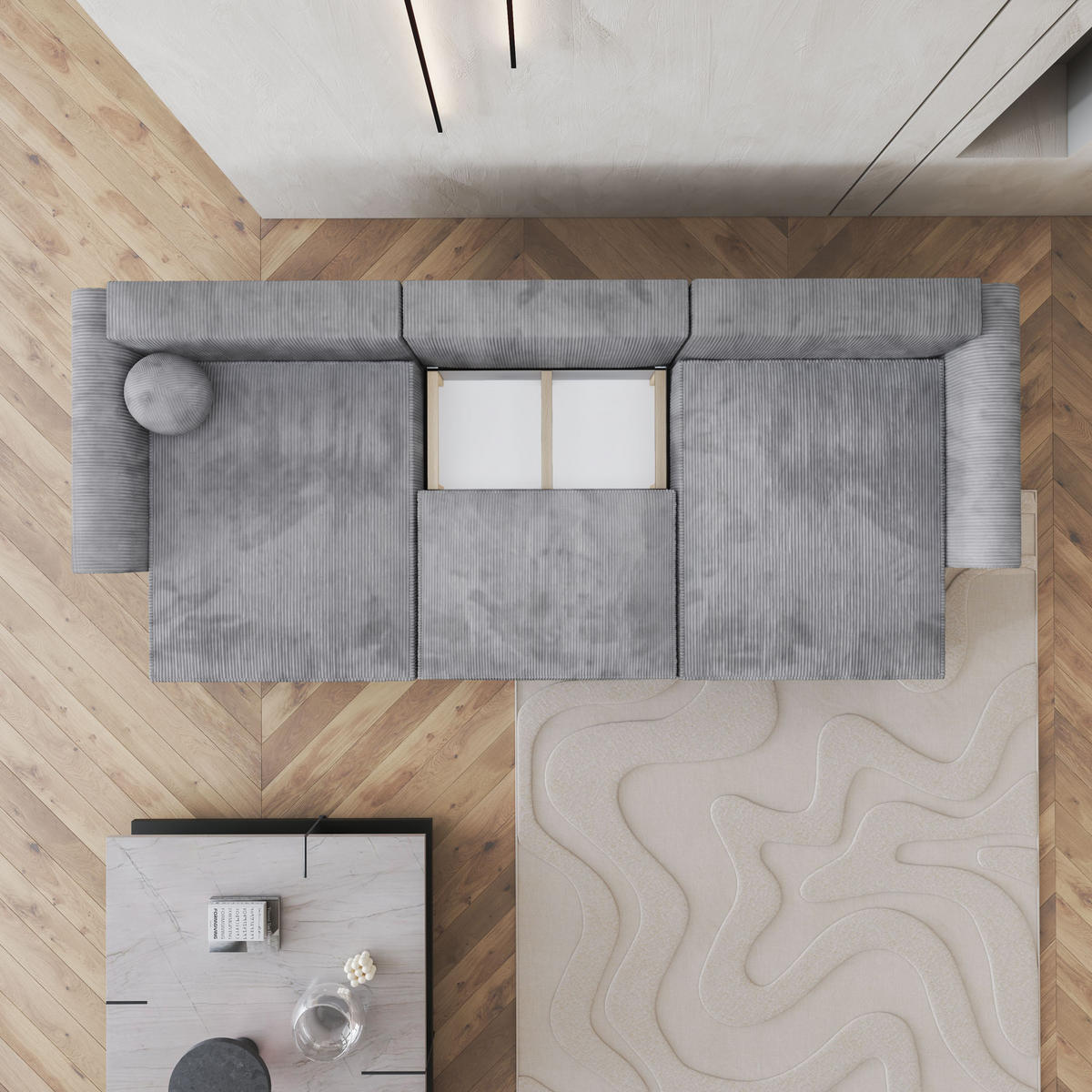 WOHNLANDSCHAFT FENTO P Hellgrau Kordstoff mit Schlaffunktion - Hellgrau, Holz (347/90/148cm) - MASSENO
