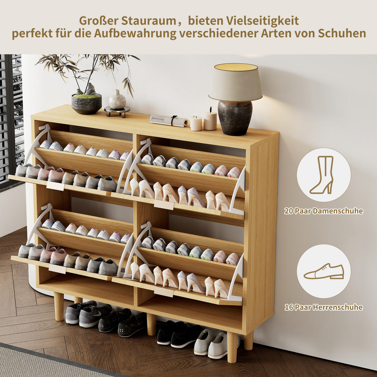 SCHUHSCHRANK in Rattanoptik Eiche mit 4 Klappen, Schuhkipper für Flur und Diele - Naturfarben, Holz (100/90/25cm) - PARAFTA HOME