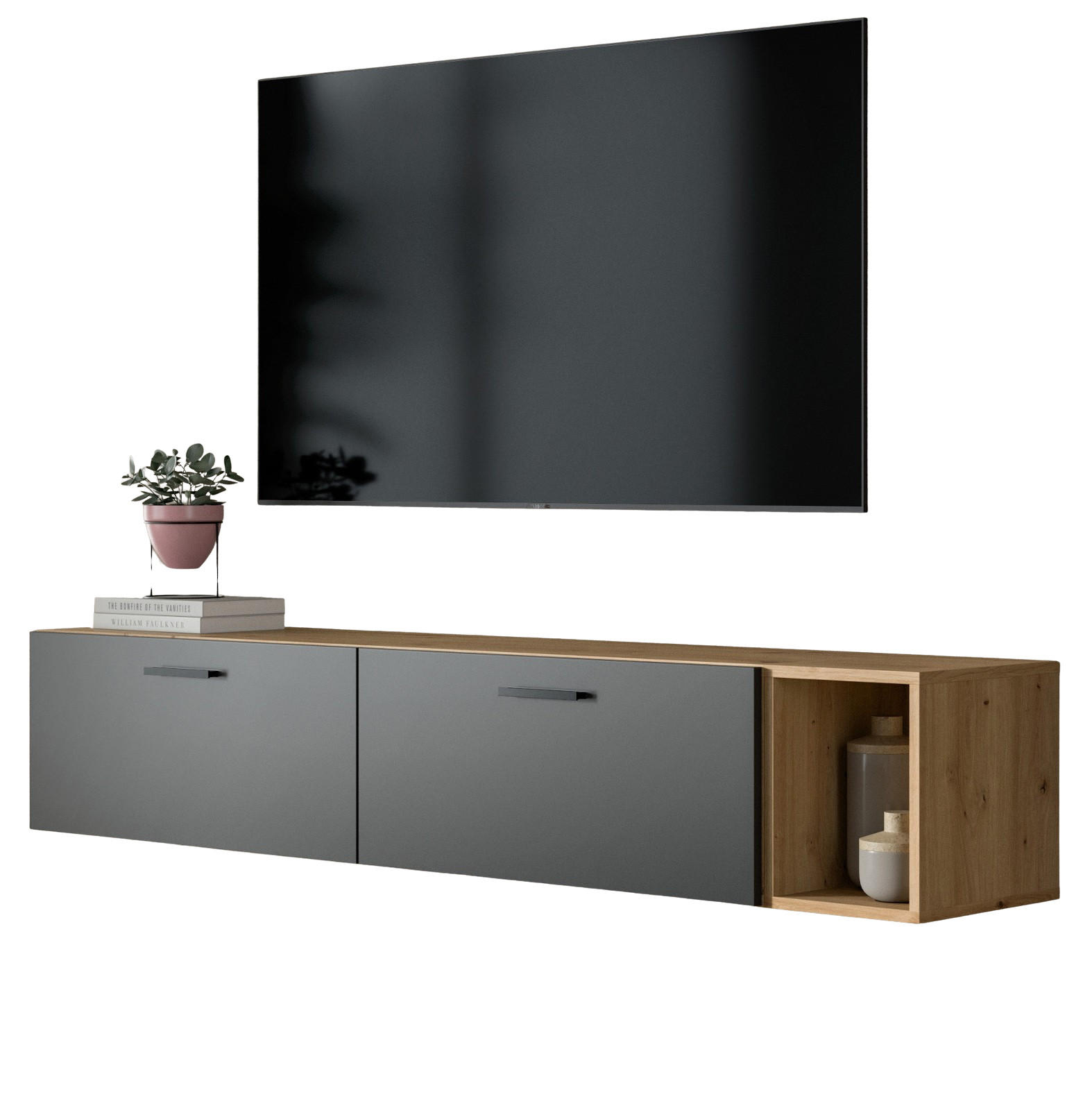 TV-LOWBOARD grau, Eiche Artisan 176 cm, TV Unterteil hängend / stehend - Schwarz/Eiche Artisan, Holzwerkstoff/Kunststoff (176/32/34cm) - Inn.Furn