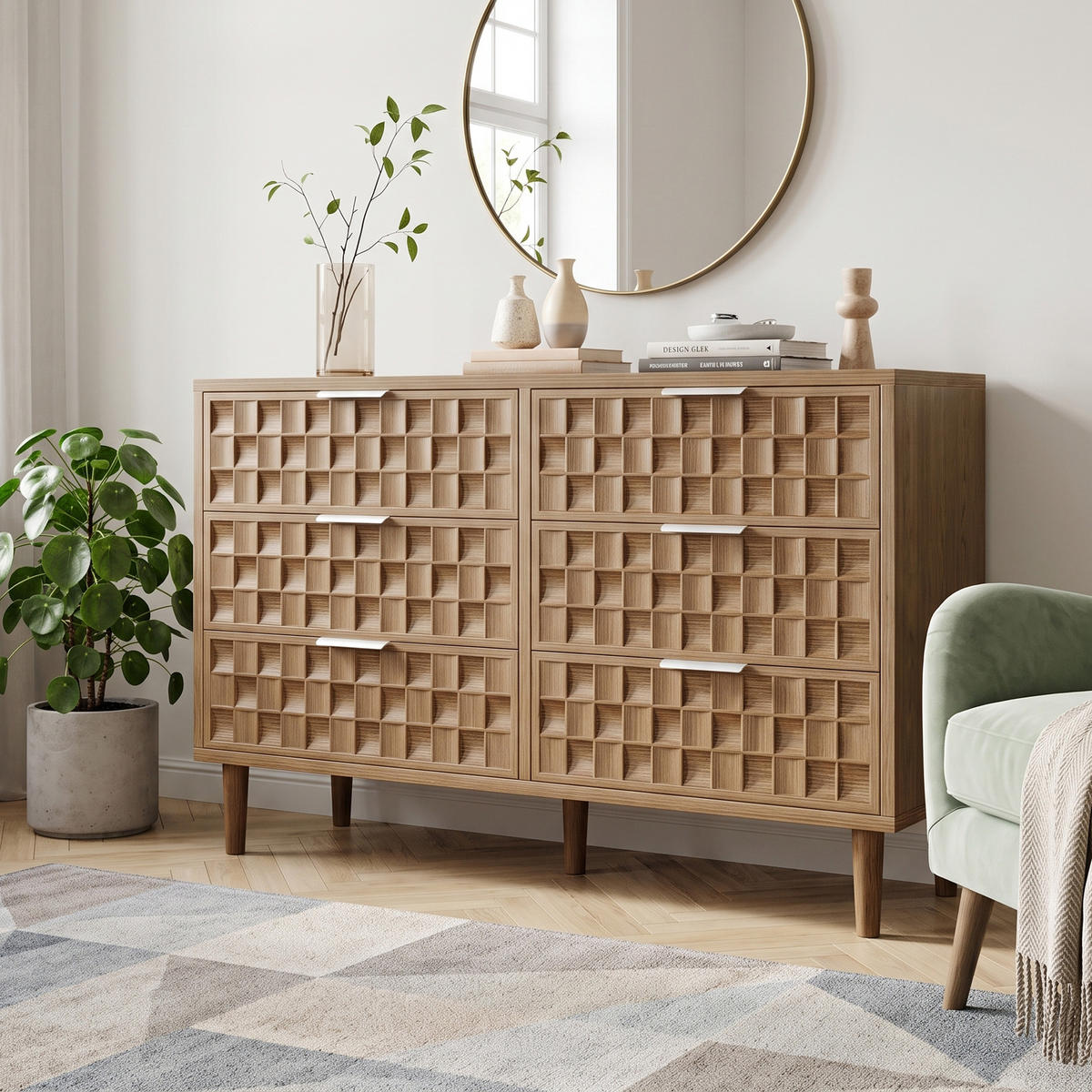 SIDEBOARD Eiche-Optik mit 6 Schubladen & Schokoladenwaffel-Design - Eichefarben, Holzwerkstoff (120/77/37cm) - Urban Meuble
