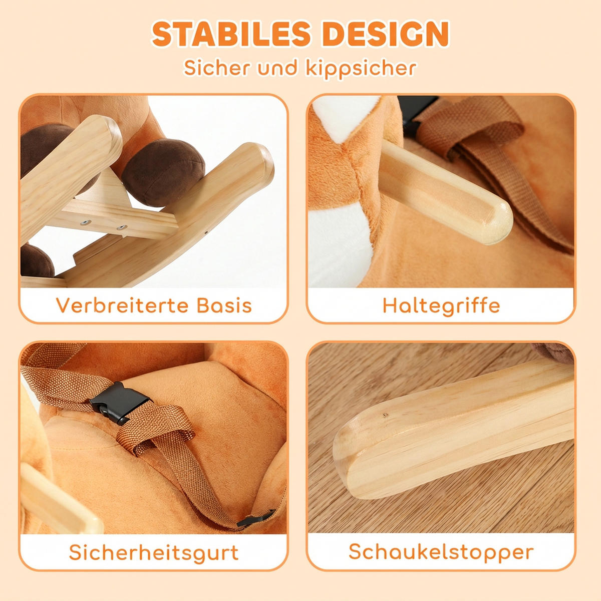 KINDER-SCHAUKELPFERD Holz Plüsch PP-Baumwolle Braun - Braun, Holz (32/49/60cm) - AIYAPLAY