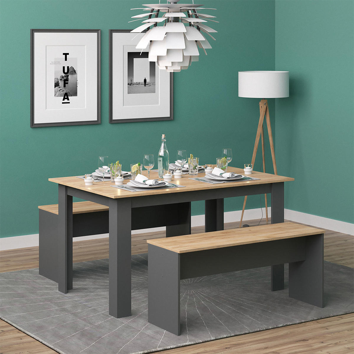 ESSTISCH SET Sentio Anthrazit 90 x 140 cm mit 2 Bänken - Anthrazit, Holzwerkstoff (140/76/90cm) - Vicco