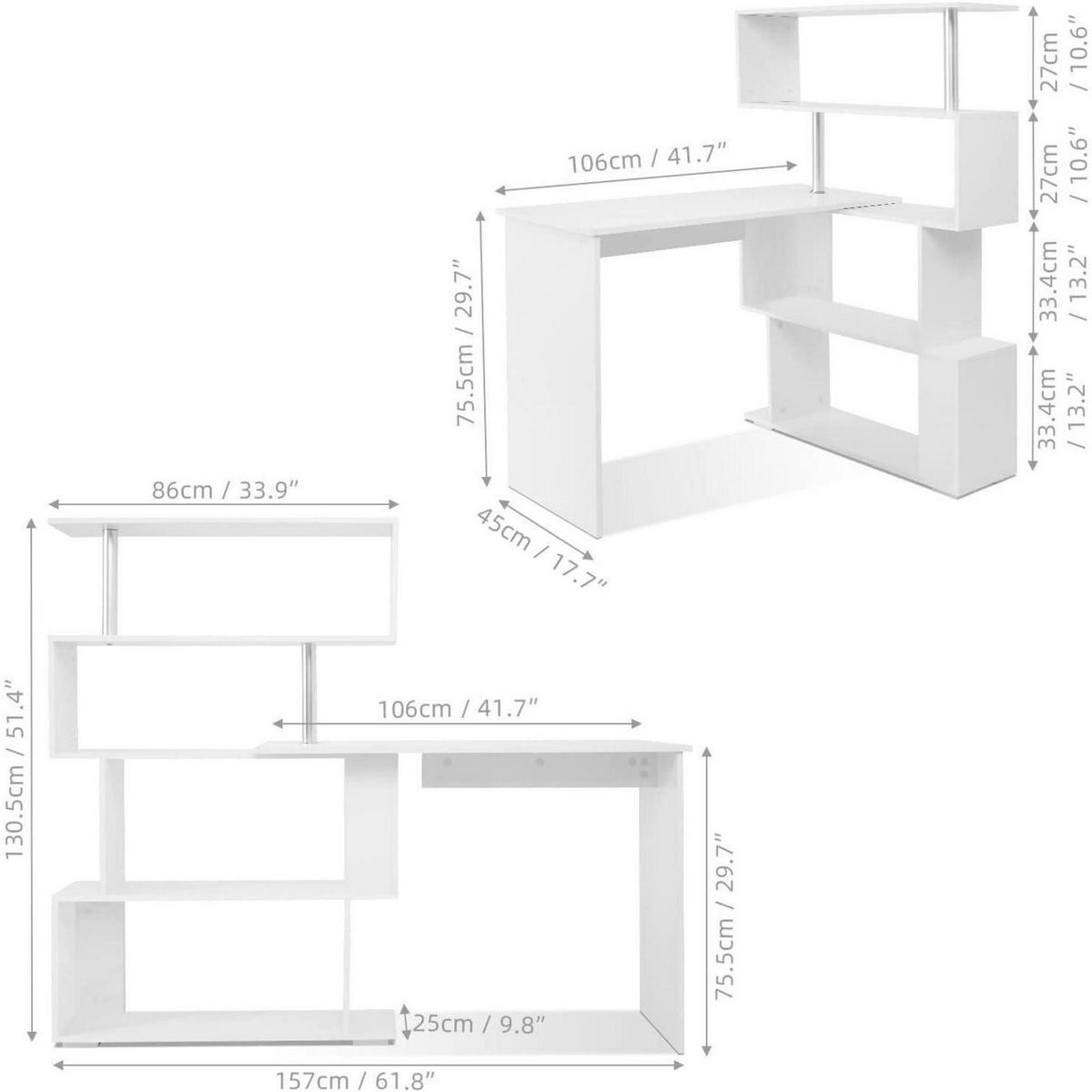 COMPUTERTISCH L-förmig mit drehbarem Bücherregal Weiß 157 x 45 x 130,5 cm - Weiß, Holzwerkstoff (45/157/130.5cm)