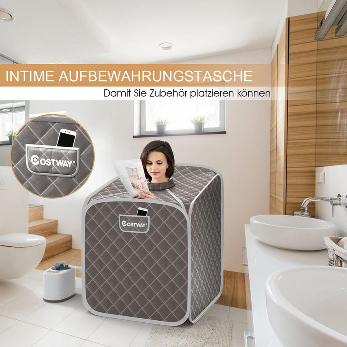 AMPFSAUNA Tragbare grau - Grau, Textil (85/106/84cm) - COSTWAY