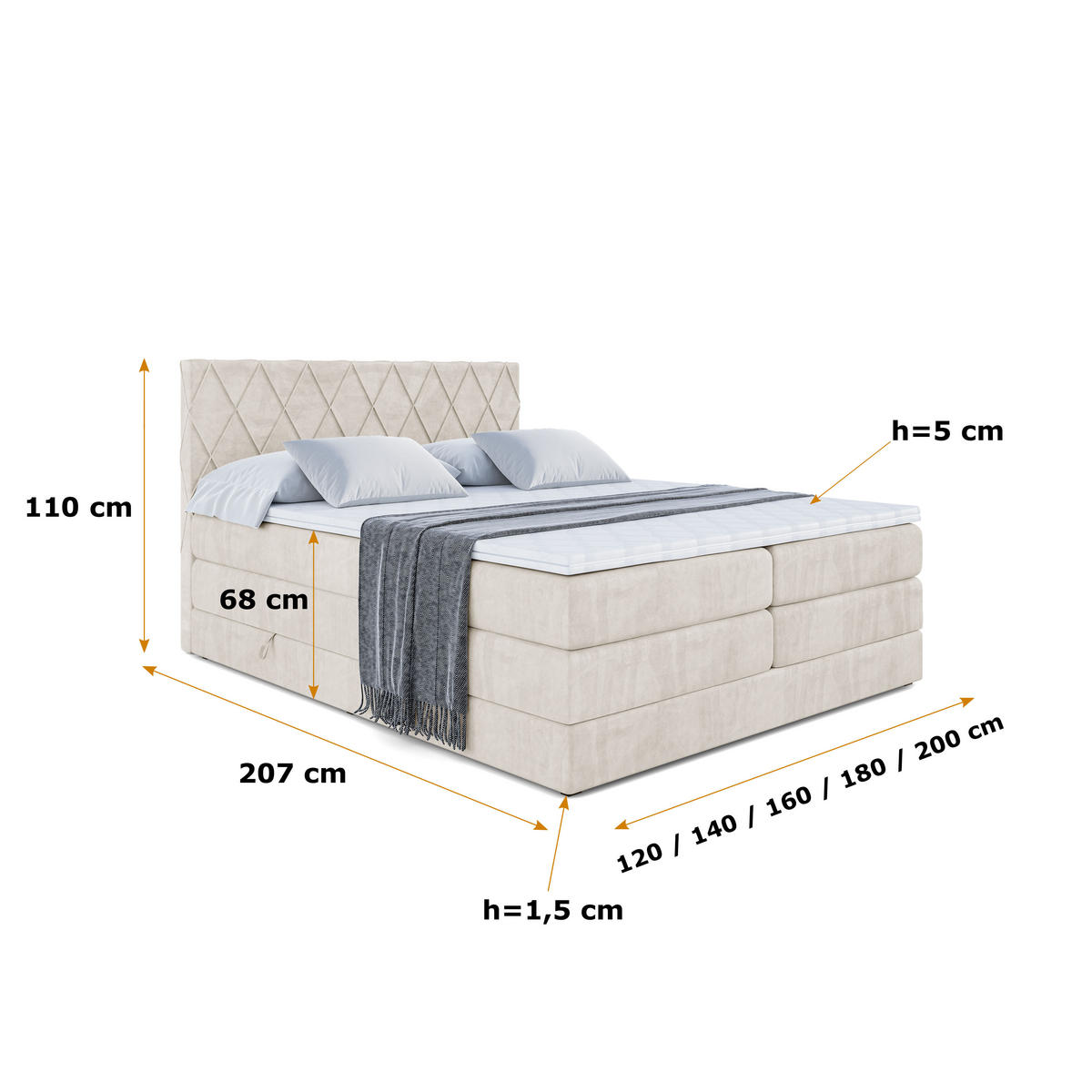 BOXSPRINGBETT LEPARO KING - 120 x 200 - H3/H4 - Ecru - Ecru, Holzwerkstoff (120/200cm) - ALTDECOR