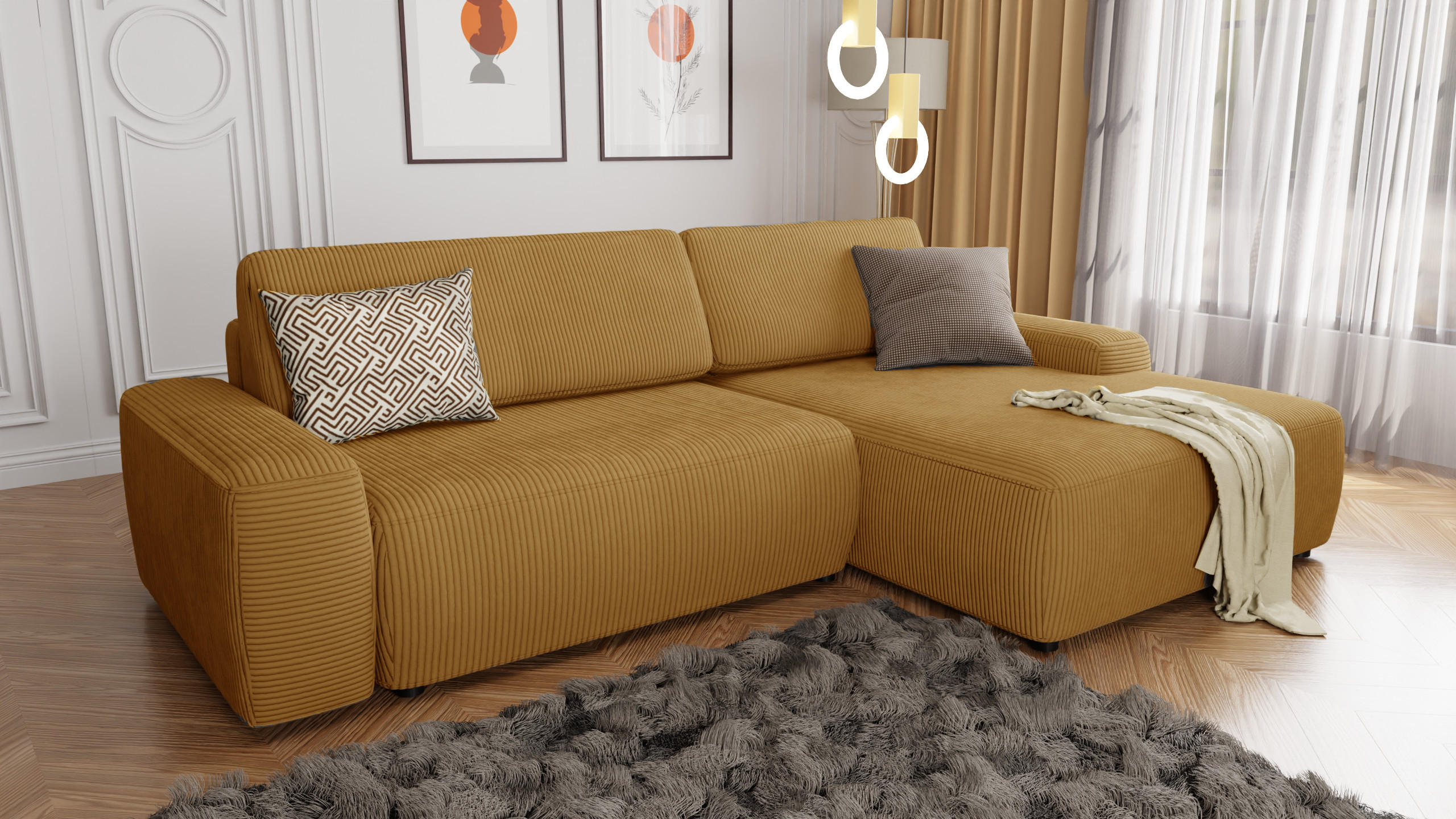 ECKSOFA Nancy Honig Cord - Schwarz/Honig, Holz/Kunststoff (264/162cm) - S-Style Möbel