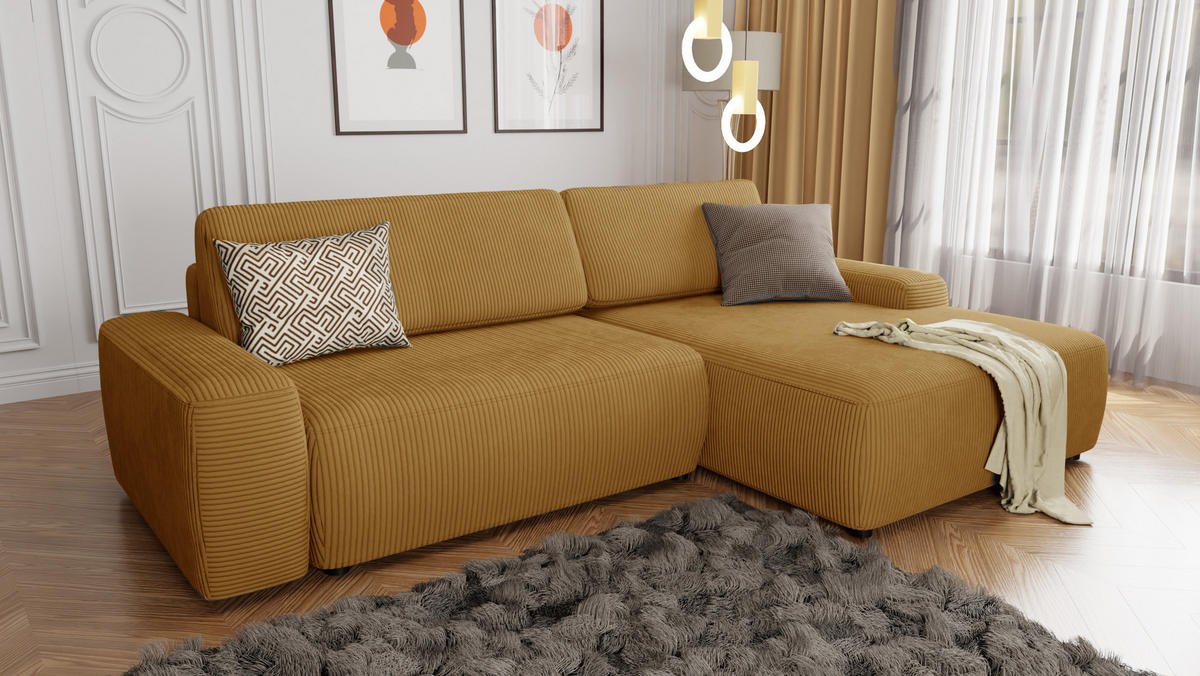 ECKSOFA Nancy Honig Cord - Schwarz/Honig, Holz/Kunststoff (264/162cm) - S-Style Möbel
