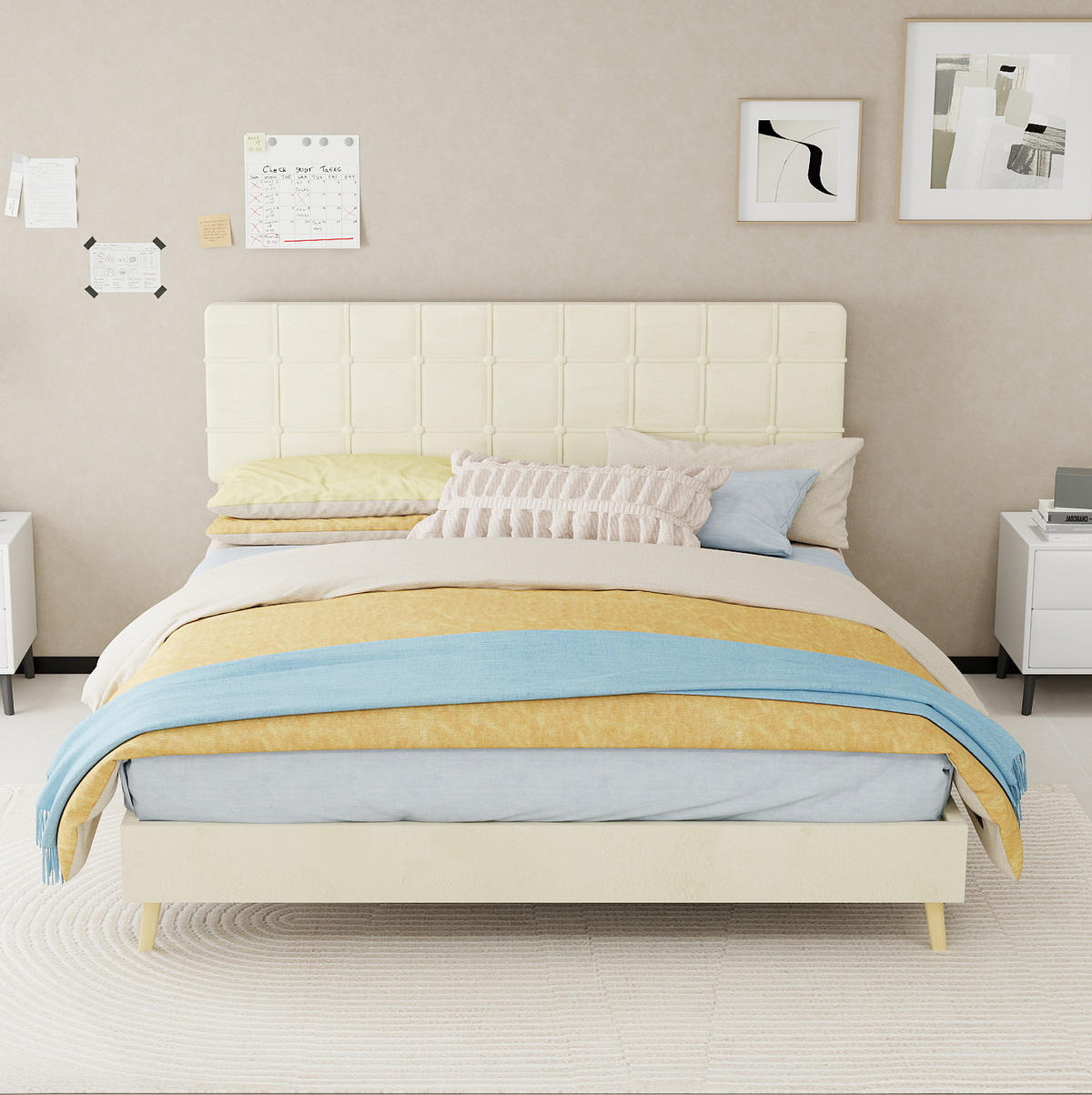 POLSTERBETT 160/200 cm mit karierter Kopfteilpolsterung und Holzfüßen, Beige - Beige, Textil (160/200cm) - Redom