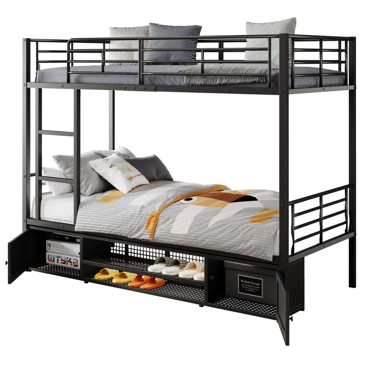 ETAGENBETT mit Schuhregal und 2 Schränken 90x200 cm Metall Schwarz - Schwarz, Metall (90/200cm) - Beauniv