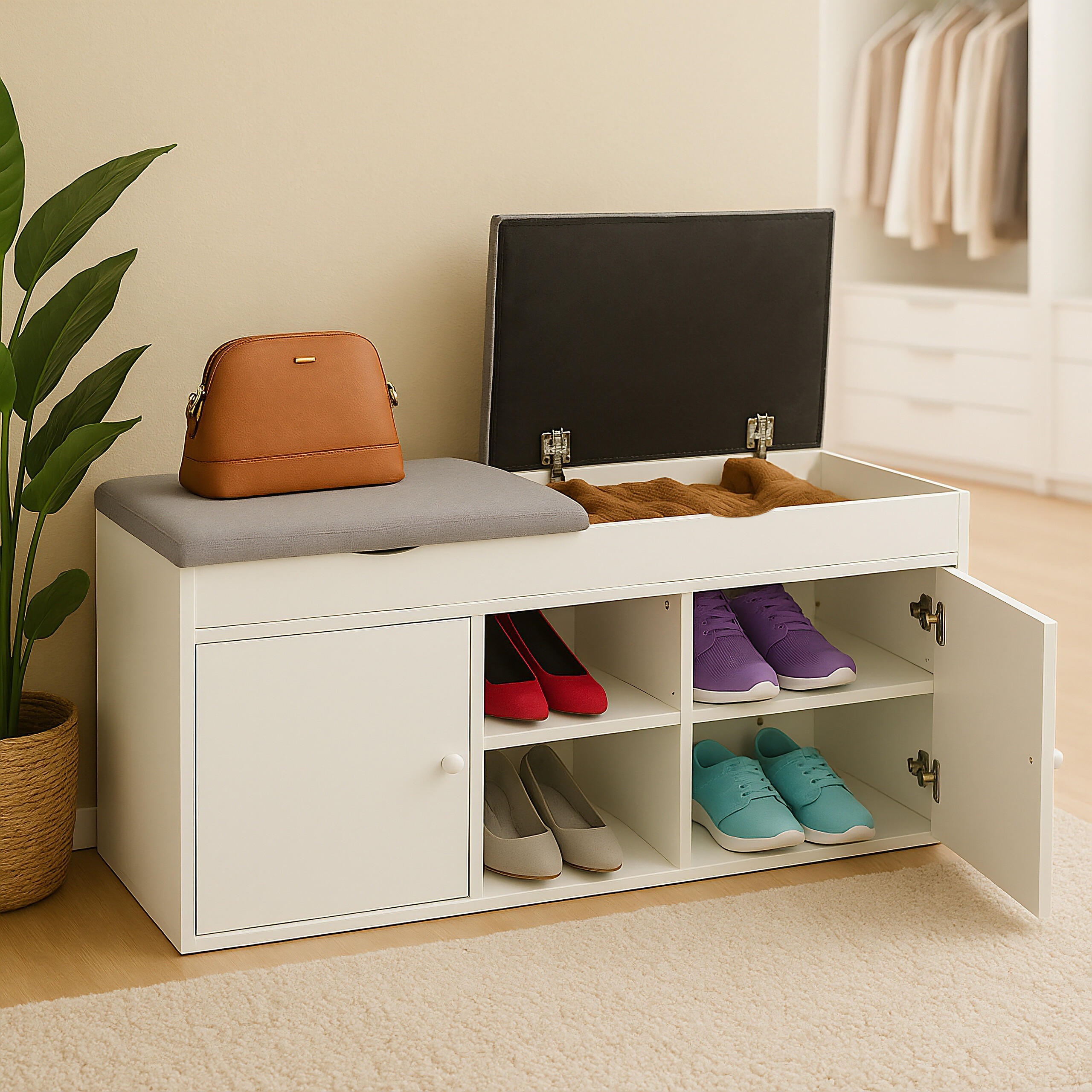SCHUHBANK - Weiß/Grau, Holzwerkstoff/Textil (100/49.5/34cm) - Relaxdays