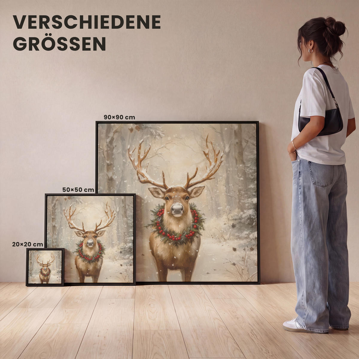 LEINWAND Bilder mit Rahmen - Weihnachten - Rentier - Winter - Kranz - 90x90 - Naturfarben, Textil (90/90cm) - MuchoWow