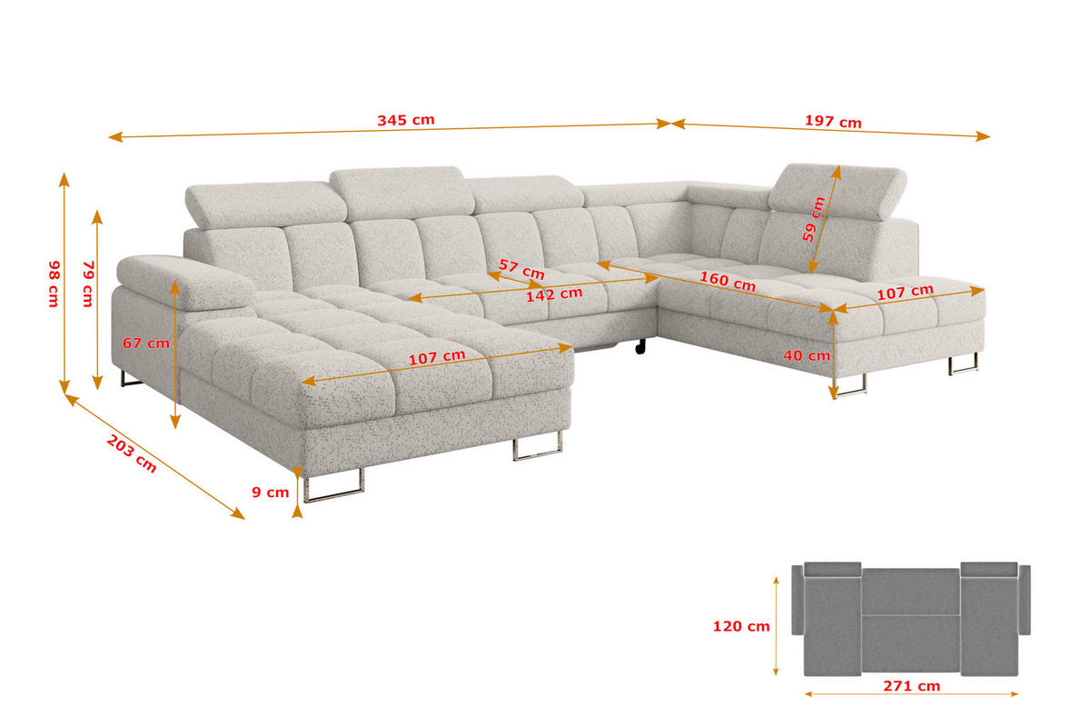 WOHNLANDSCHAFT mit Schlaffunktion und Bettkasten Ottomane RECHTS COMA U 345x203x79 Hellgrau Velours - Hellgrau, Holzwerkstoff/Textil (203/79/345cm) - ALTDECOR