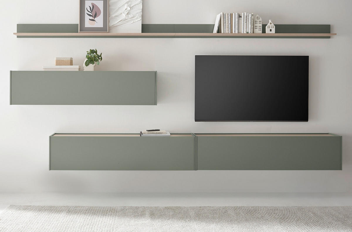WOHNWAND Salbei grün, Barista Eiche Set 5-teilig mit XXL TV-Board 340 cm - Salbeigrün/Eichefarben, Holzwerkstoff/Metall (340/180/30cm) - Furn.Design