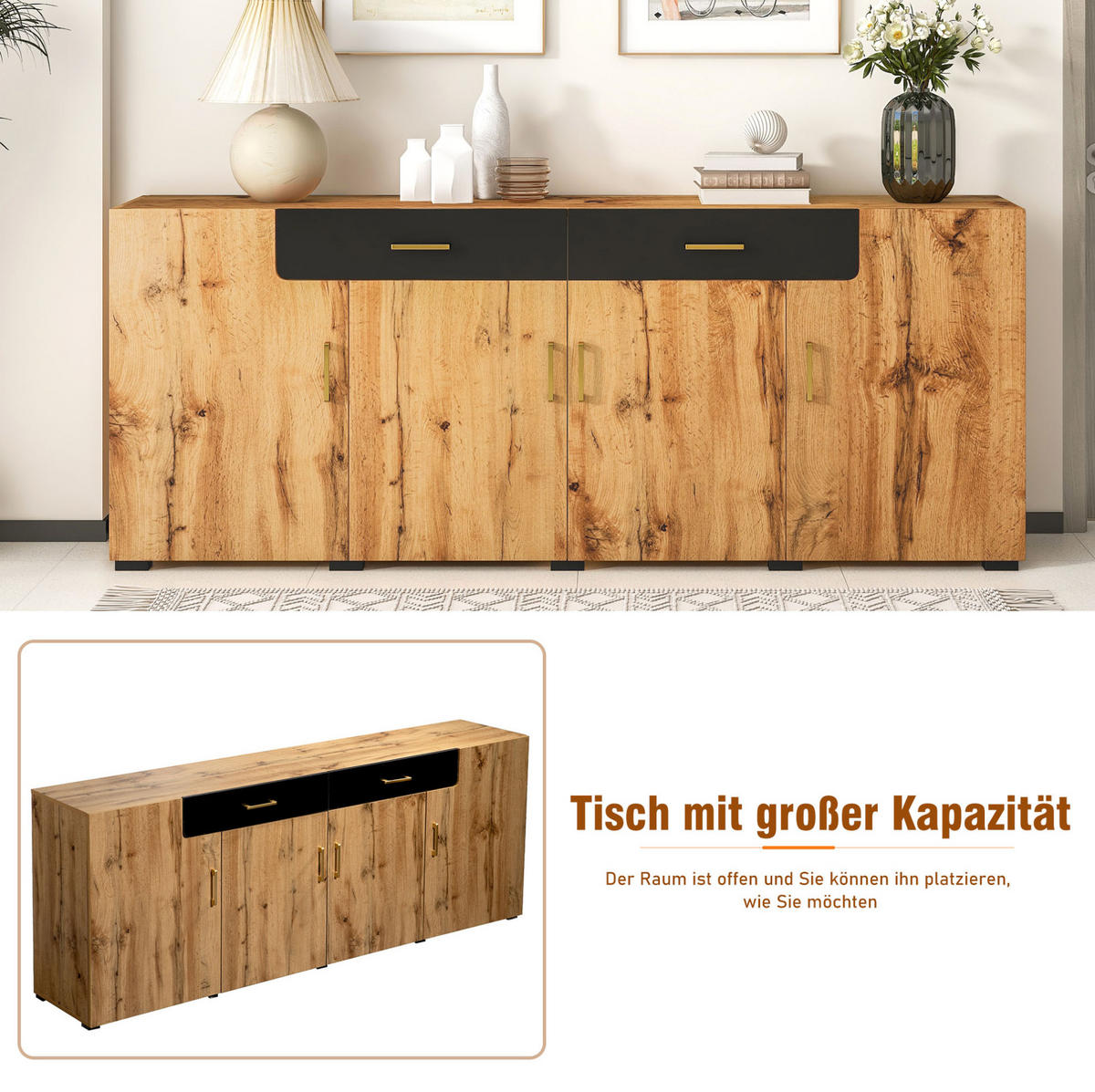 SIDEBOARD 208/39.5/80 cm Braun aus Spanplatte mit 4 Türen und 2 Schubladen - Braun, Holzwerkstoff (39.5/80/208cm) - OKMYHOME
