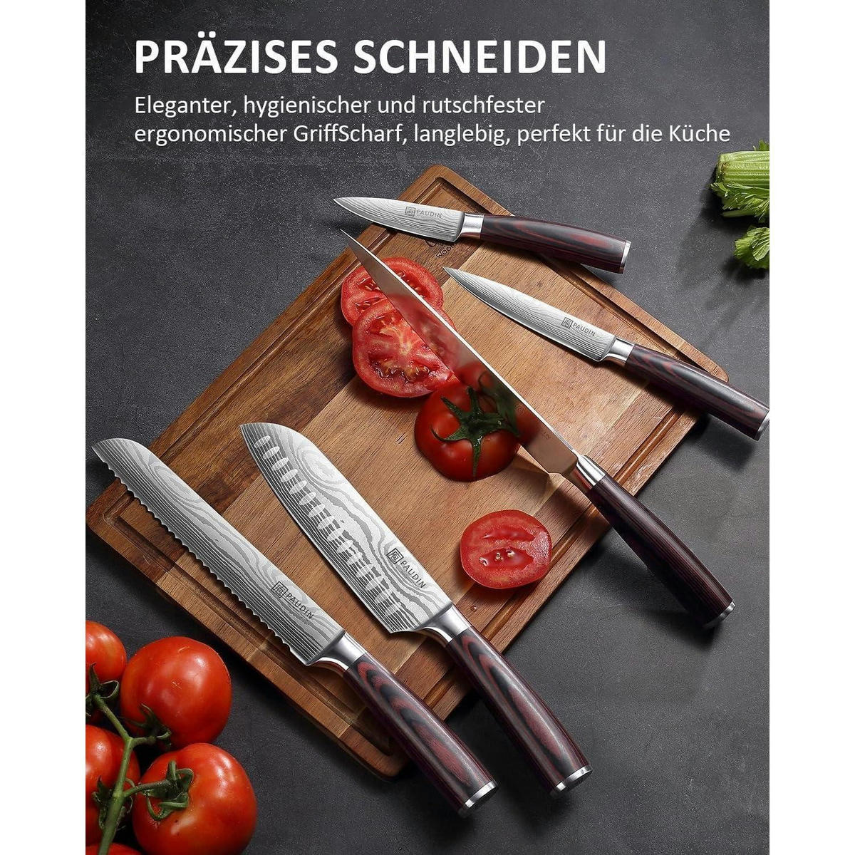 KÜCHENMESSERSET 5-teilig Carbon Edelstahl Pakkawood-Griff - Multicolor, Metall
