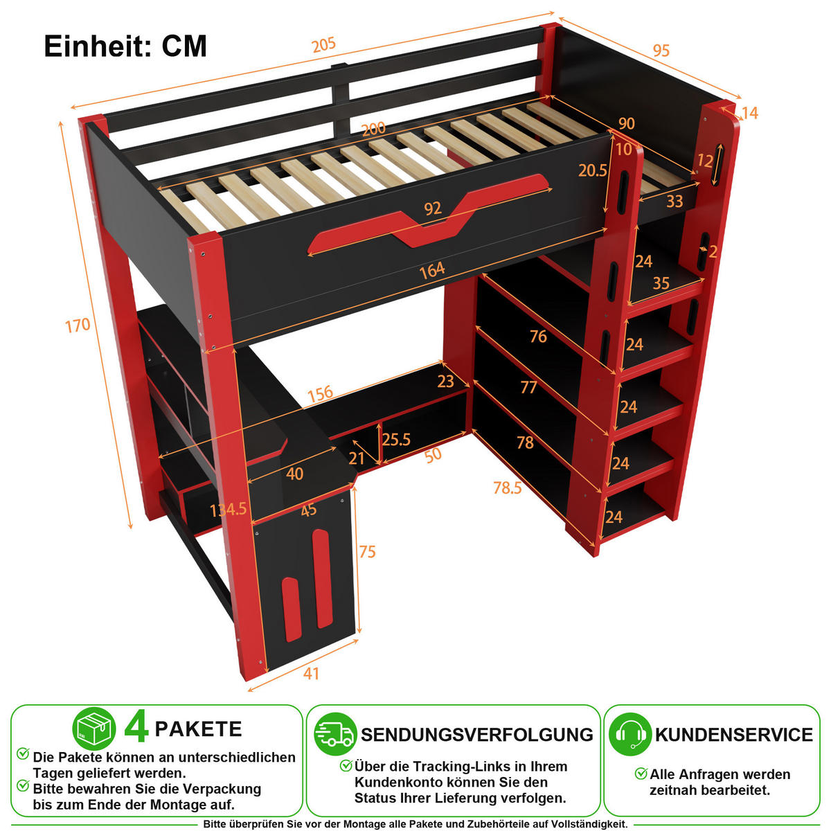 HOCHBETT 90/200 cm in Schwarz & Rot mit Schreibtisch, Regal und LED - Schwarz, Holzwerkstoff/Metall (90/200cm) - CHICFURN