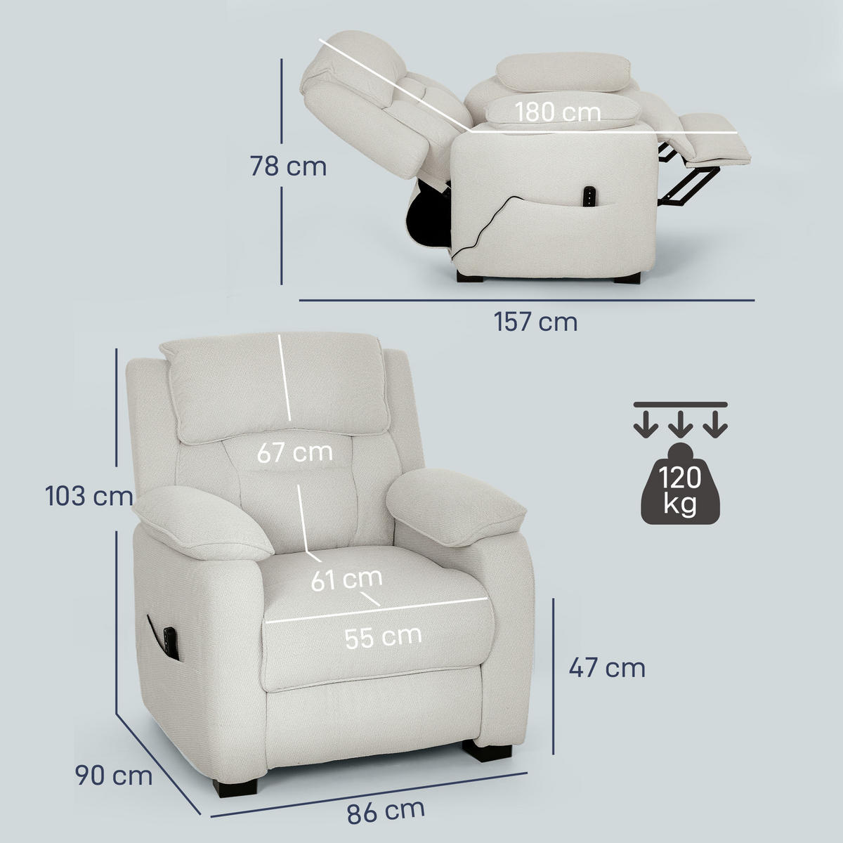 SAMT-SESSEL,150° verstellbar Fußstütze Fernbedienung Seitentasche,beige - Beige, Textil (90/103/96cm) - Vallsero