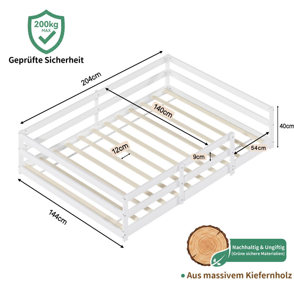 KINDERBETT 140/200 cm weiß aus Kiefernholz mit 4-seitigem Gitter - Weiß, Holzwerkstoff (140/200cm) - OKWISH
