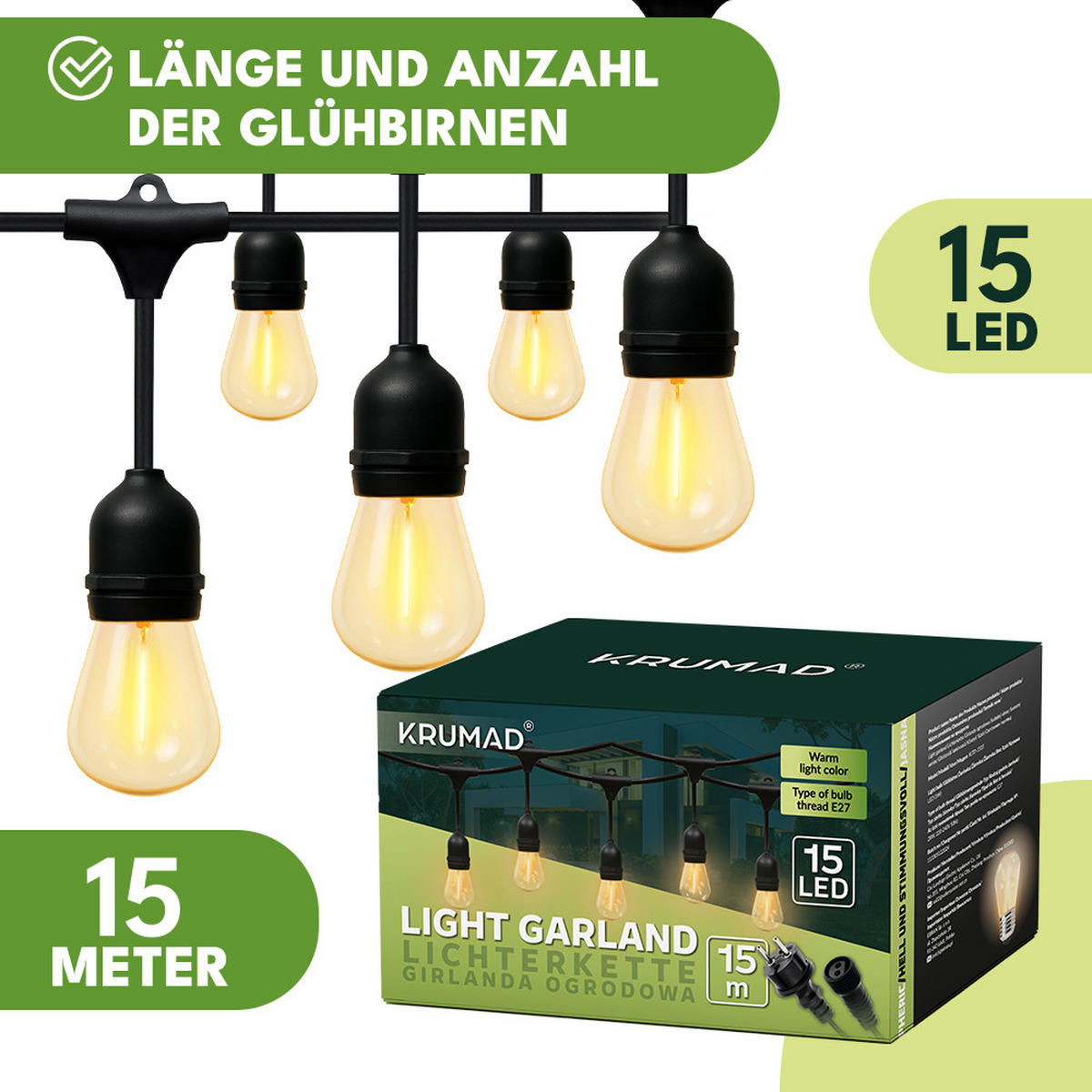 AUSSENLEUCHTE Girlande LED Außen Lichterkette 15m - Schwarz, Kunststoff (15000/10/10cm) - KRUMAD