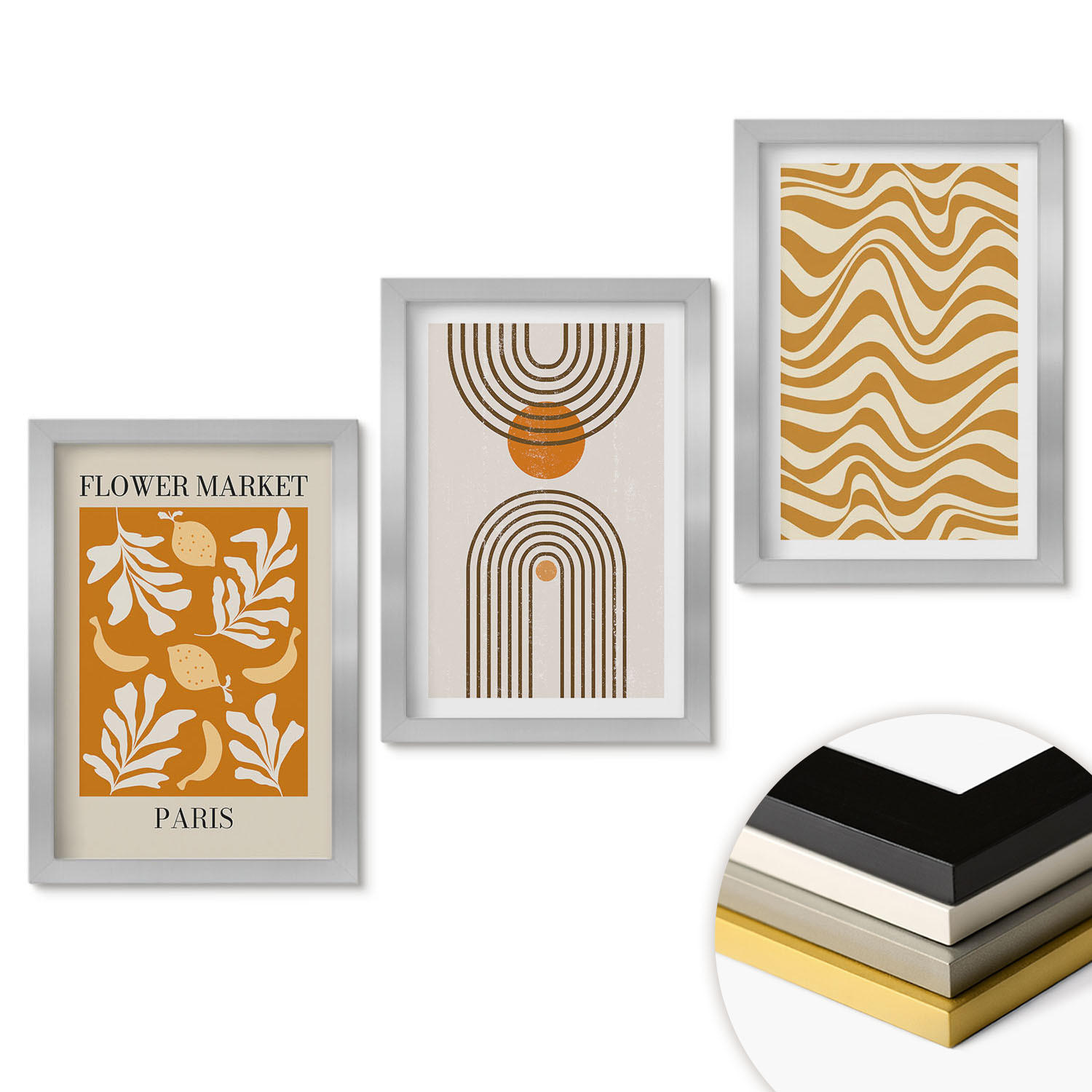 WANDBILDER 3er Set - 20x30 cm Silberner Rahmen - Poster mit geometrischen Pflanzenmustern - Silberfarben, Kunststoff (20/30cm) - ArtPrintCave