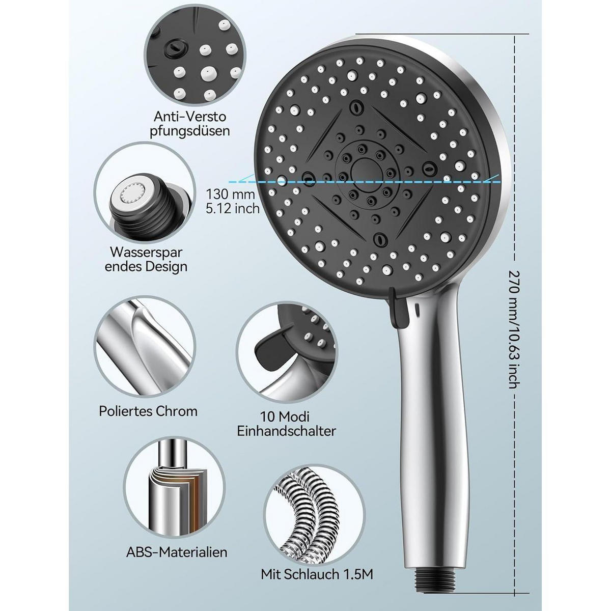 HANDBRAUSE mit Schlauch 1,5m 10 Strahlarten - Silberfarben, Metall (13/12.7/28.5cm)