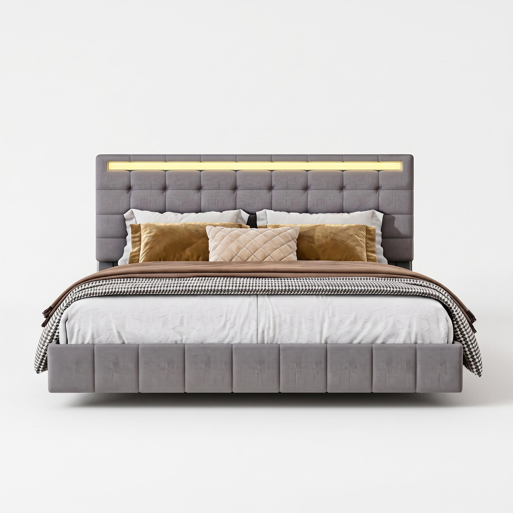 BETT 140x200 cm mit LED und USB, Doppelbett 140x200 cm mit Lattenrost, schwebendes Design, Leinenbezug Grau - Grau, Holz/Textil (140/200cm) - GENKI LIVING