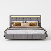 BETT 140x200 cm mit LED und USB, Doppelbett 140x200 cm mit Lattenrost, schwebendes Design, Leinenbezug Grau - Grau, Holz/Textil (140/200cm) - GENKI LIVING