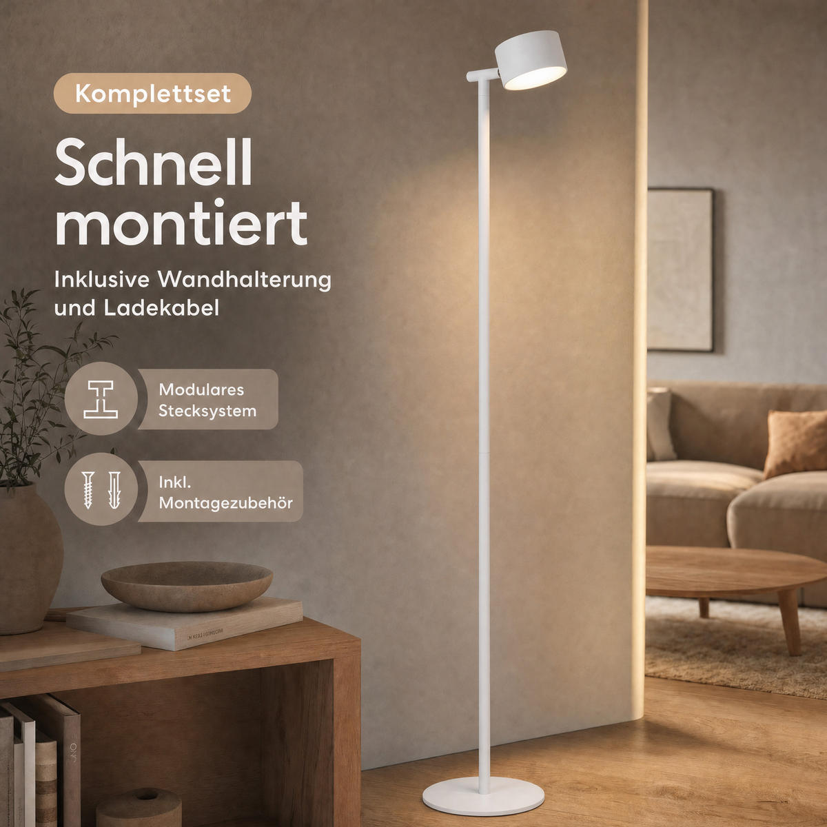 LED-AKKU-STEHLEUCHTE 3 in 1 Weiß Höhe bis zu 120 cm Metall - Weiß, Metall (16/16/120cm) - Northpoint