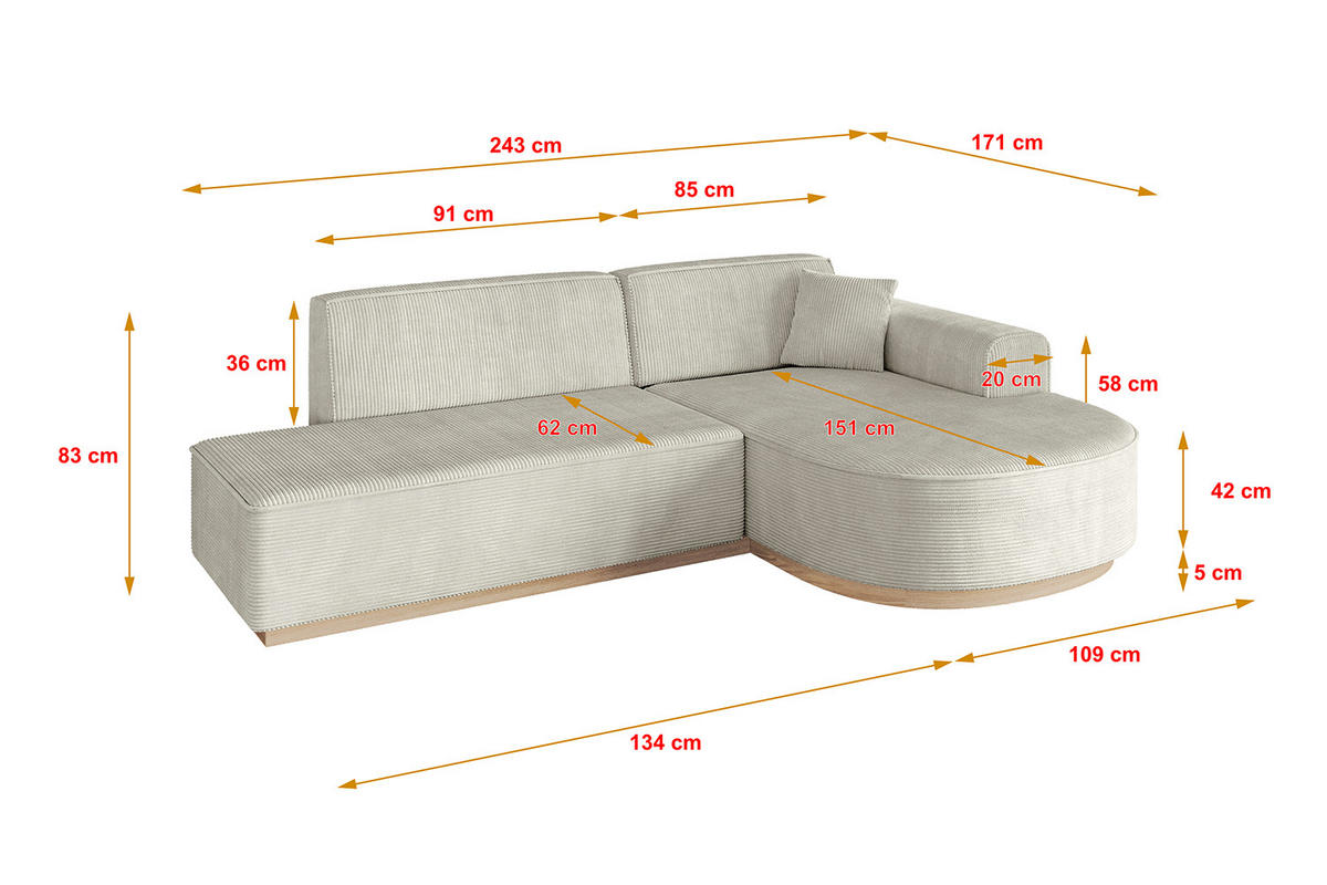 ROHOVÁ SEDAČKA s otomanem, pravá ARRIO-L1 243x171x83 Krémová Manšestr - černá/krémová, kompozitní dřevo/textil (243/171cm) - ALTDECOR