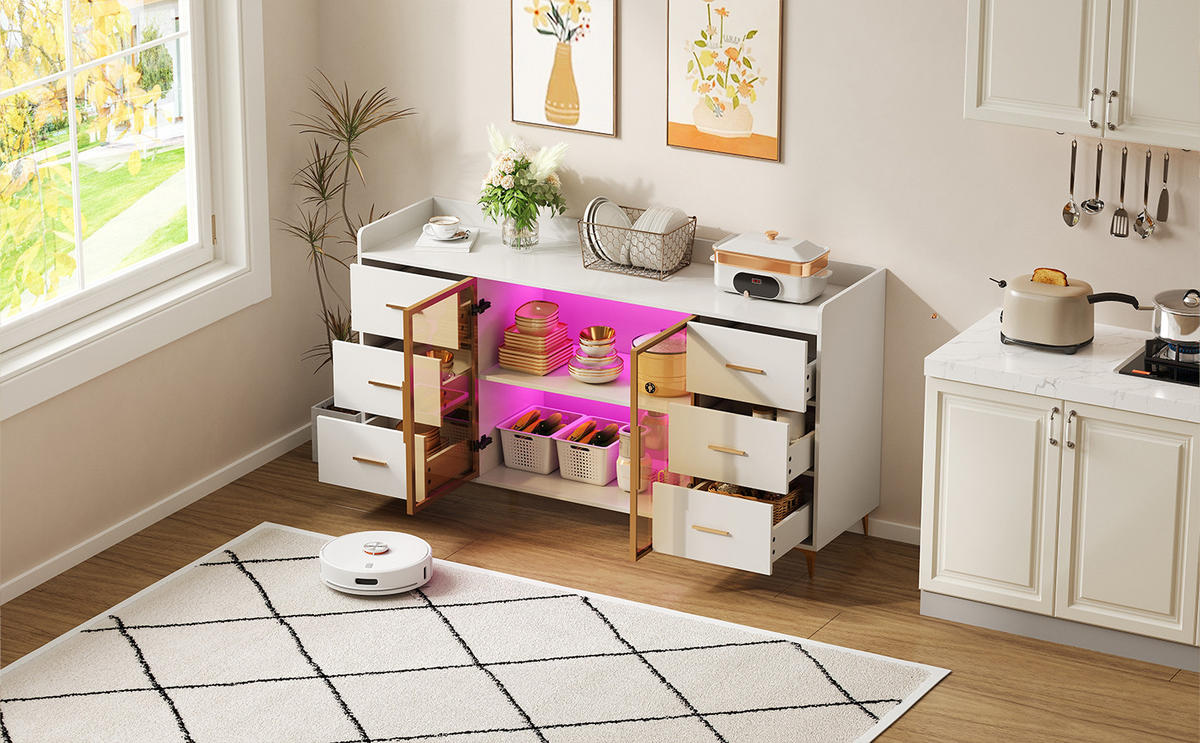 SIDEBOARD mit 6 Schubladen und Doppeltür mit Rauchglas, fernbedienbare LED, MDF, 160/44/87 cm, Weiß und Gold - Weiß, Holzwerkstoff (160/87/44cm) - Redom