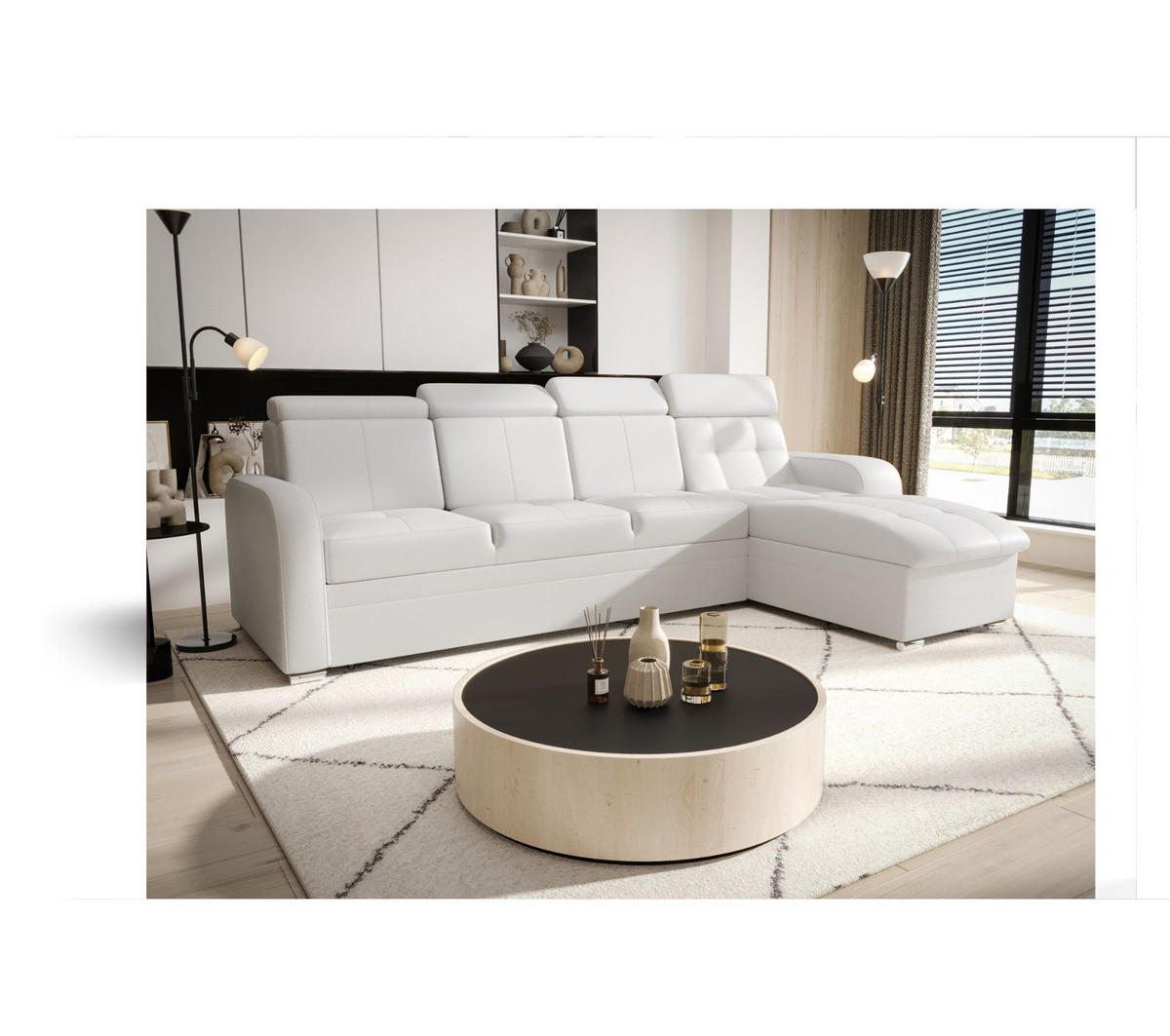 ECKSOFA KONGO RBN10, Eckcouch in L-Form mit Schlaffunktion, Farbe: Weiß, Kunstleder, Ottomane Rechts - Weiß, Textil (315/169cm) - O-Sofa