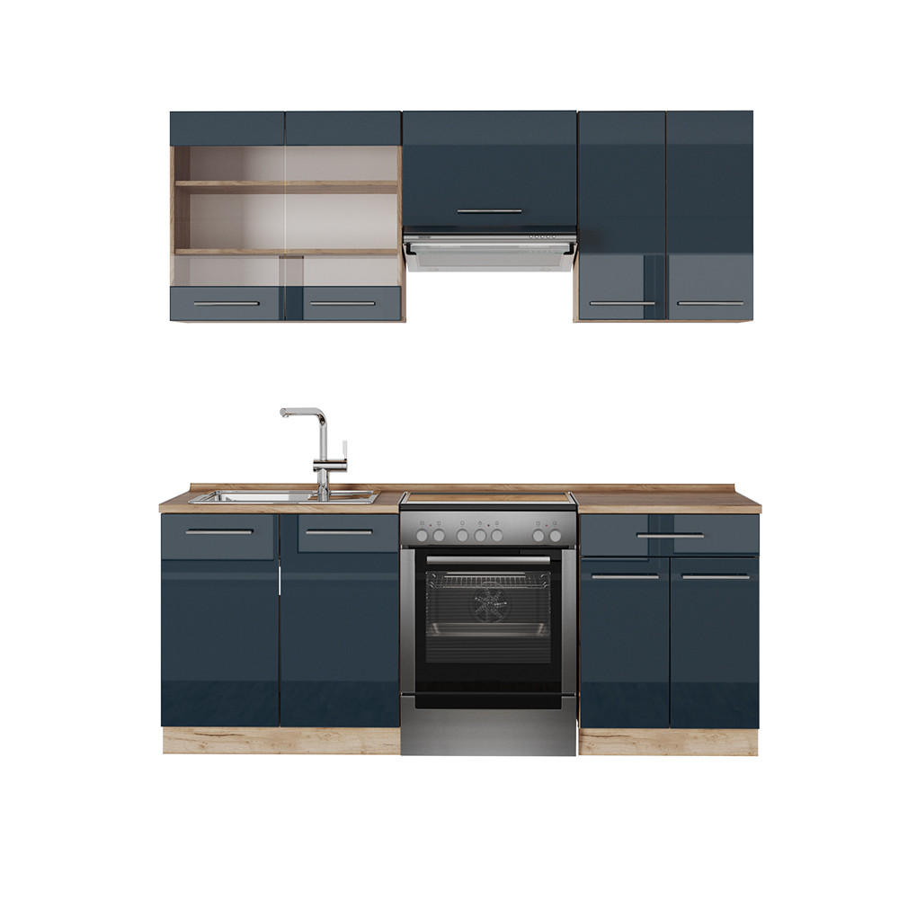 KÜCHENZEILE Fame-Line Dunkelblau Hochglanz/Goldkraft Eiche 200 cm AP Eiche - Eiche Wotan/Dunkelblau, Holzwerkstoff (200/81.6/60cm) - Vicco